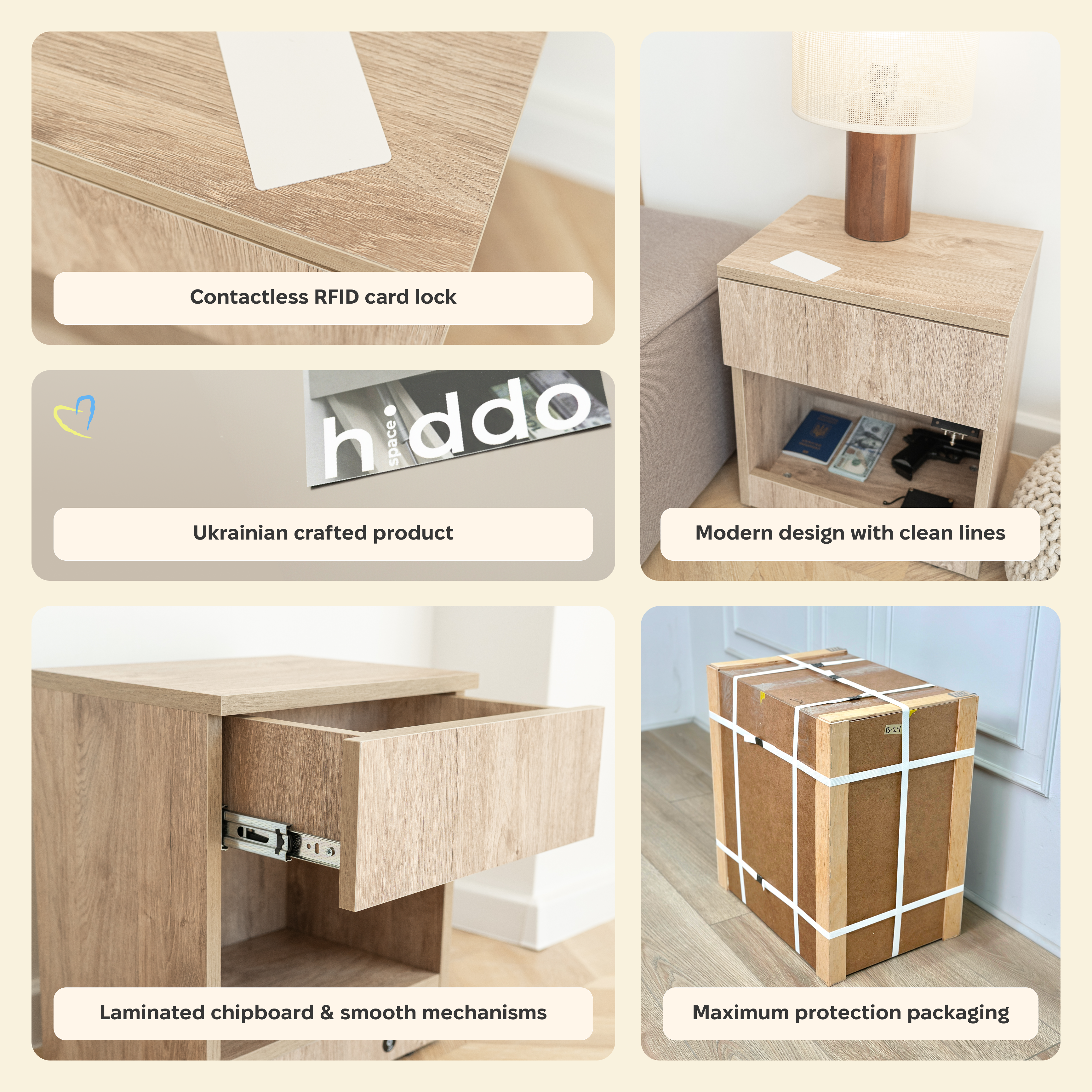 Moderner Nachttisch mit abschließbarem, verstecktem Stauraum – Golden Craft Oak