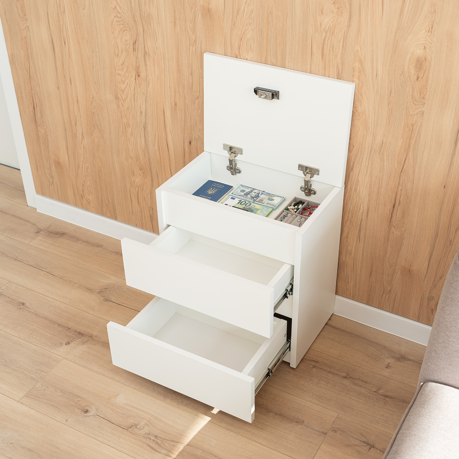 Bedside table with Locked Hidden Storage - White