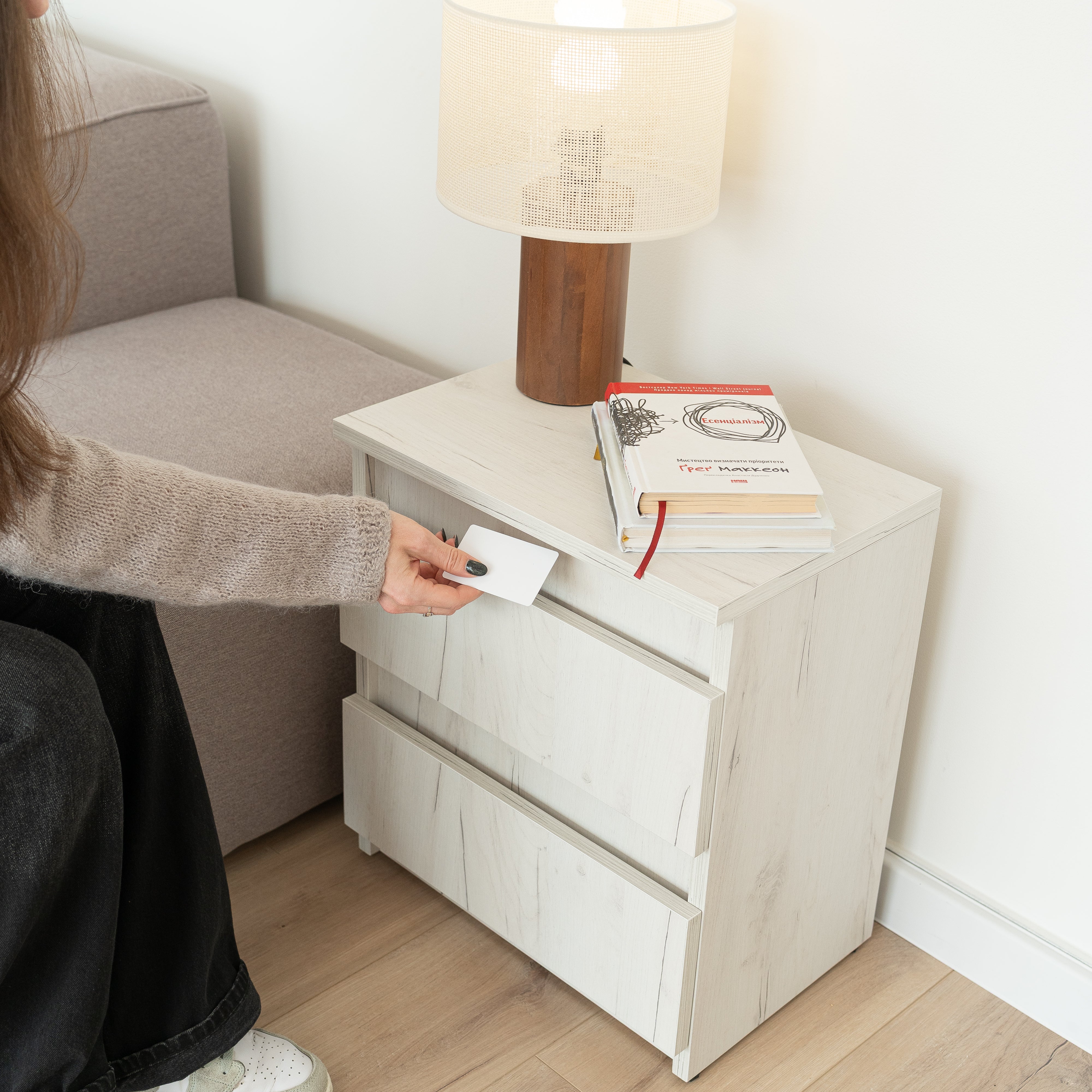 Bedside table with Locked Hidden Storage - Oak Craft White