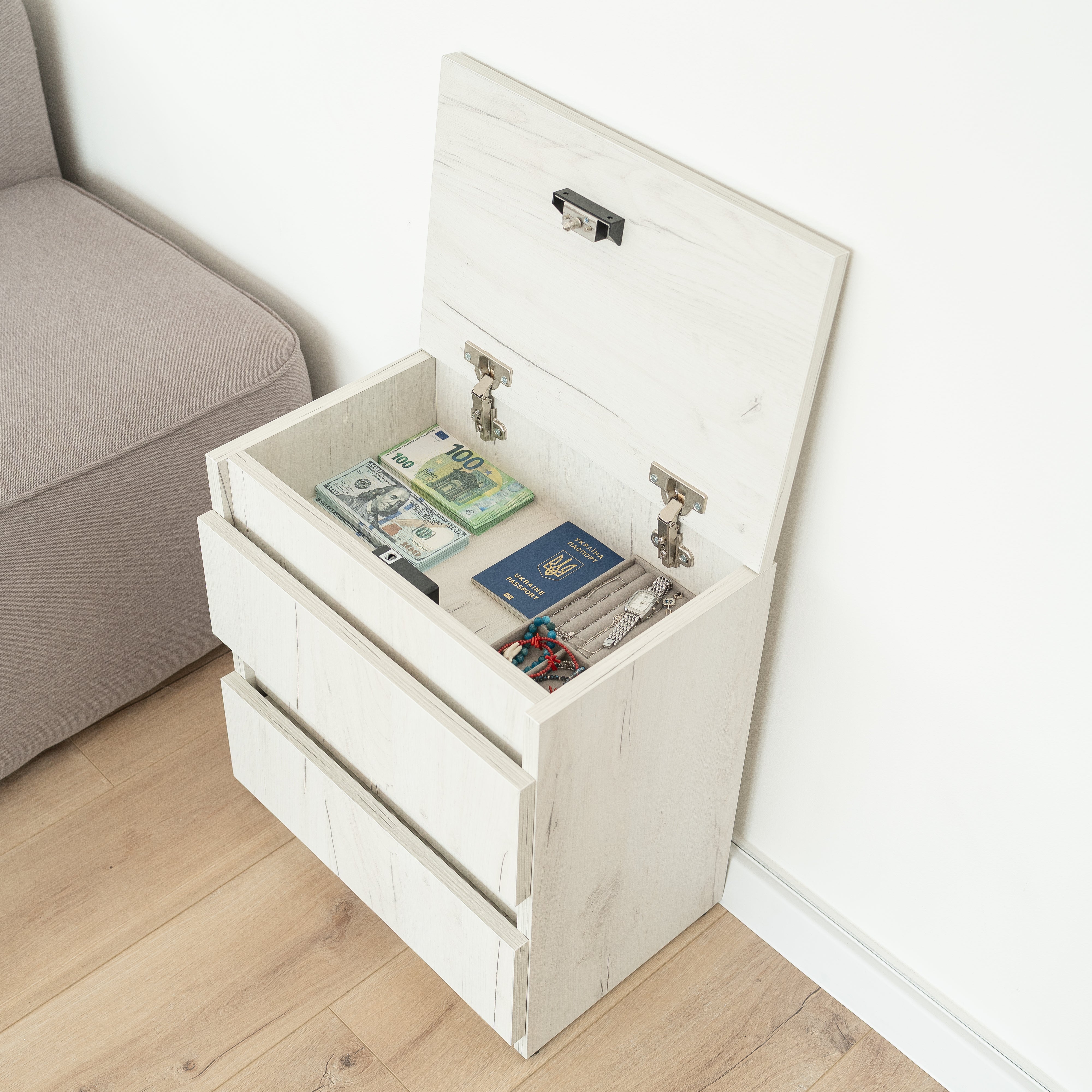 Bedside table with Locked Hidden Storage - Oak Craft White