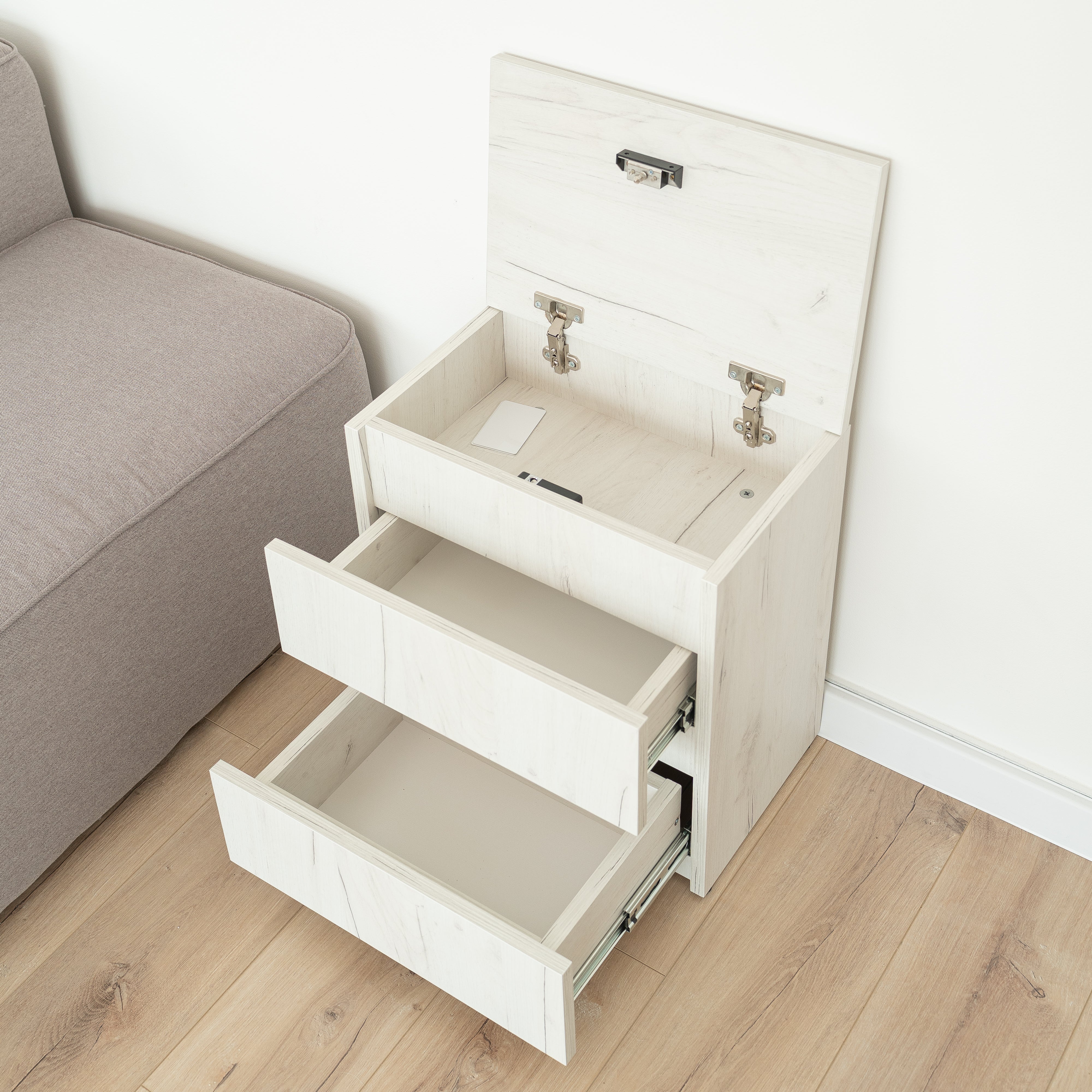 Bedside table with Locked Hidden Storage - Oak Craft White