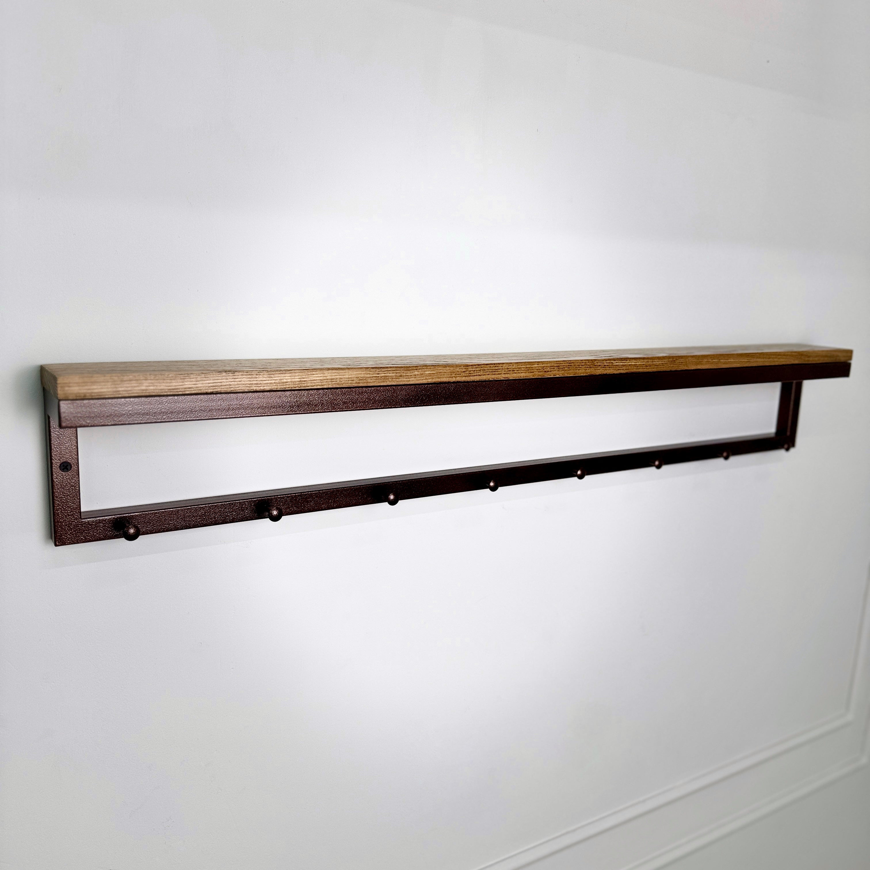 Metal coat hanger with hooks and wood shelf