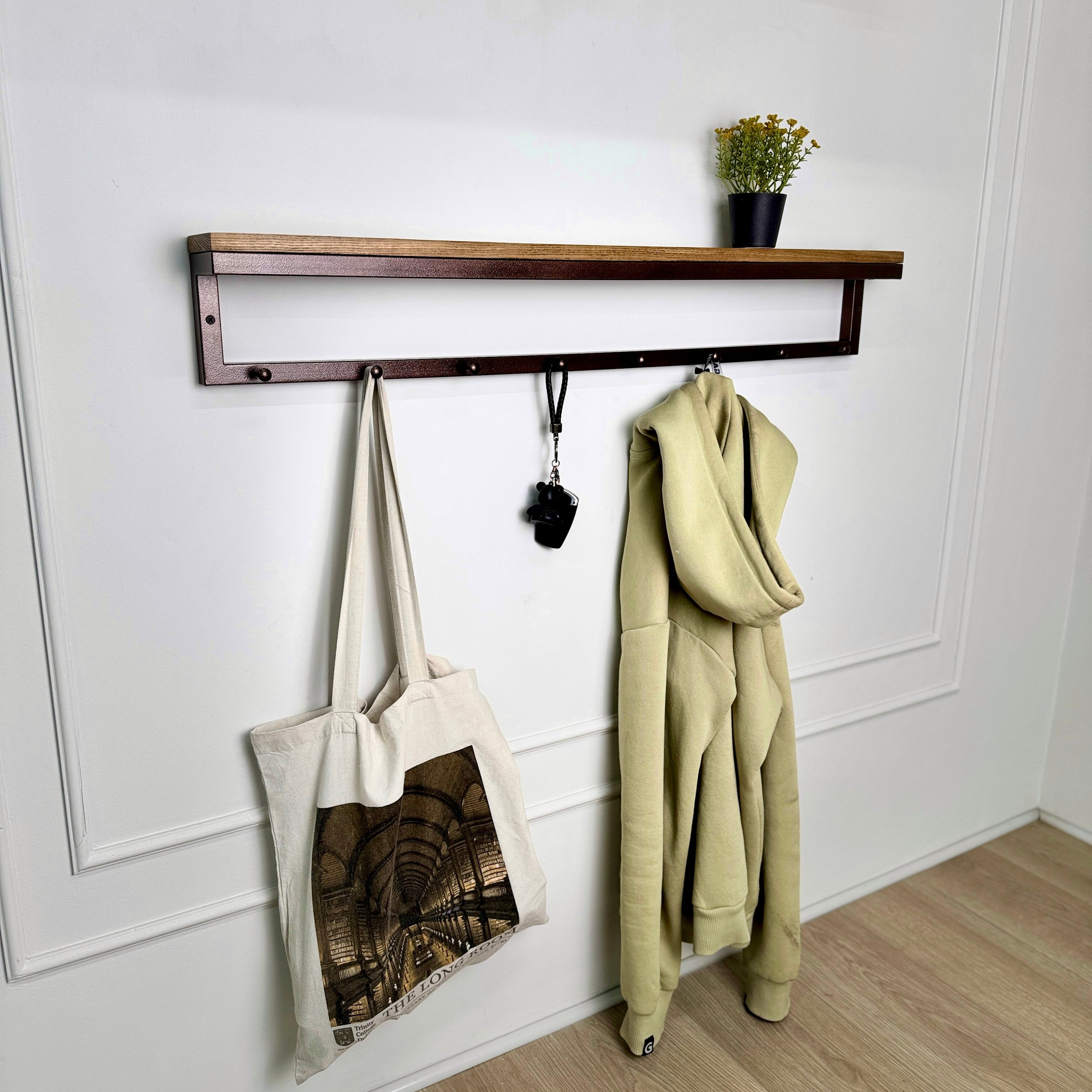 Metal coat hanger with hooks and wood shelf