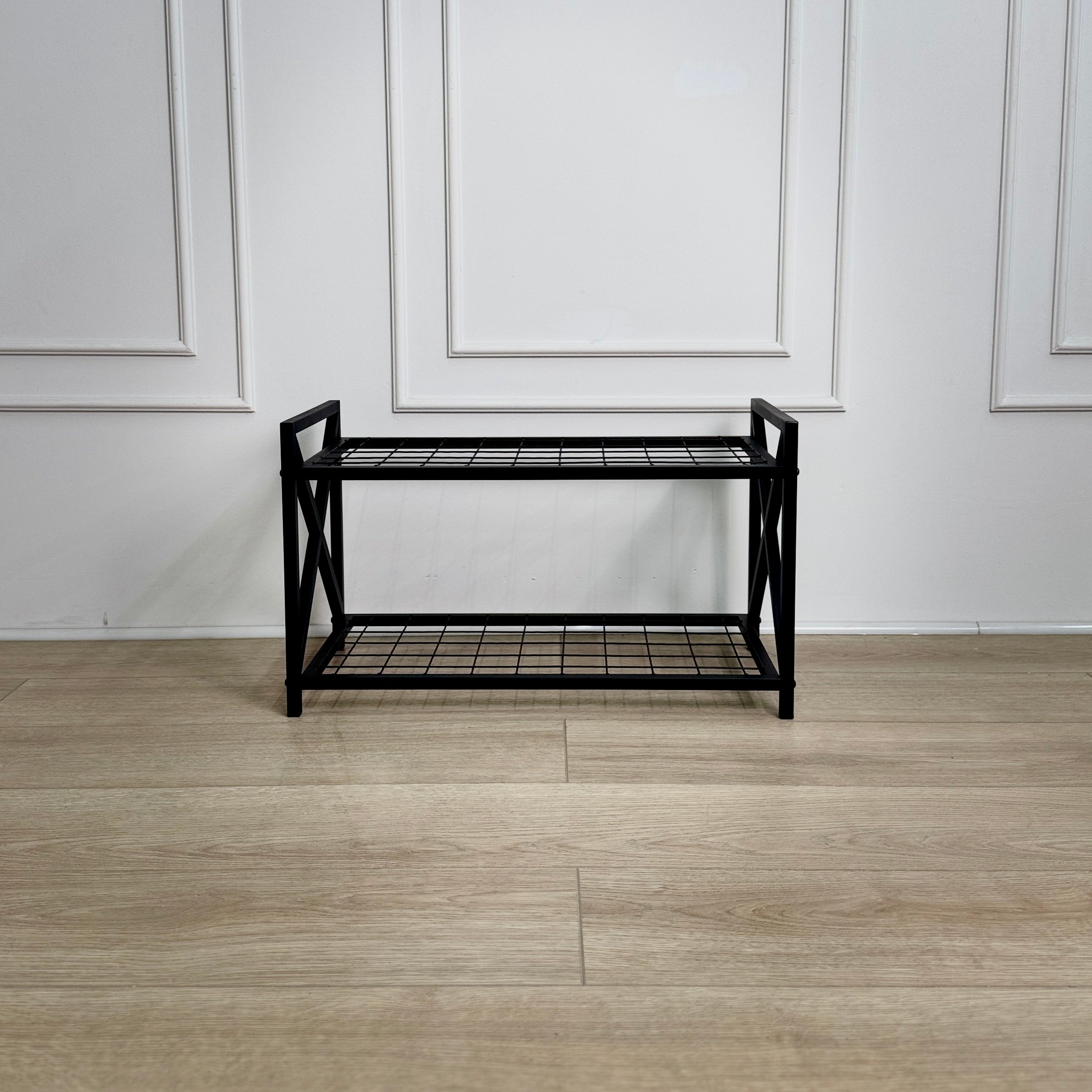 Unassembled Metal Shoe Rack Loft with a grid