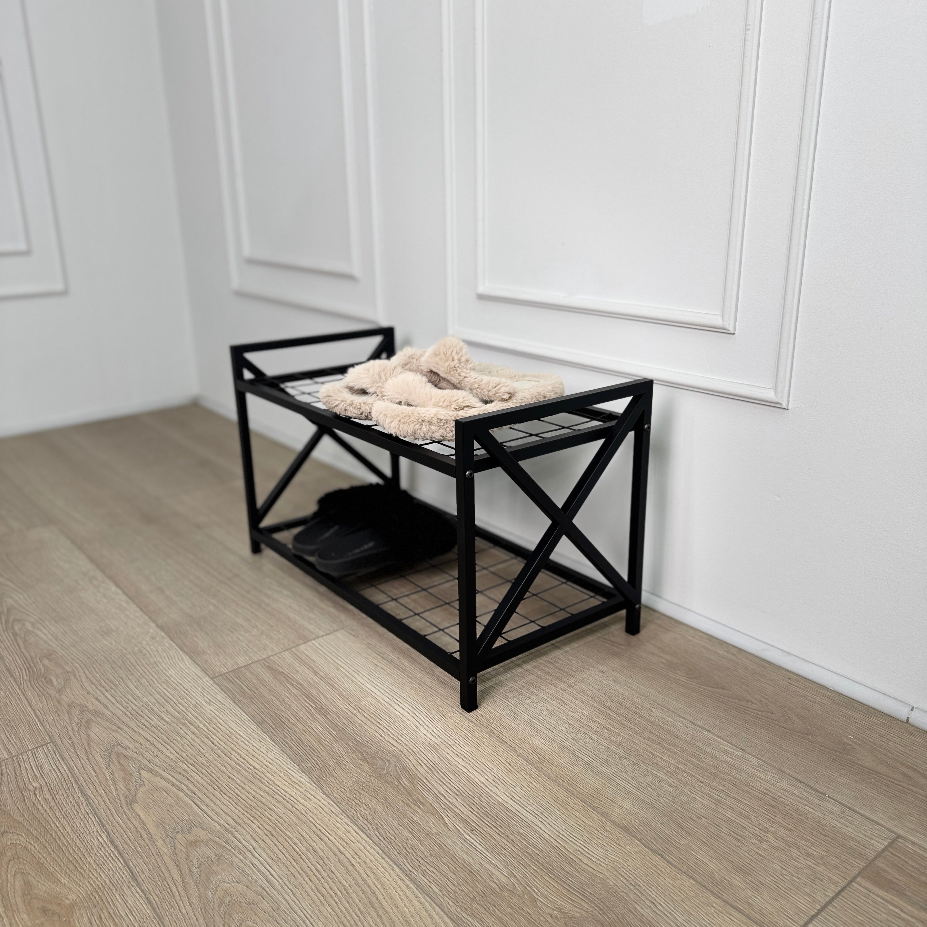 Unassembled Metal Shoe Rack Loft with a grid