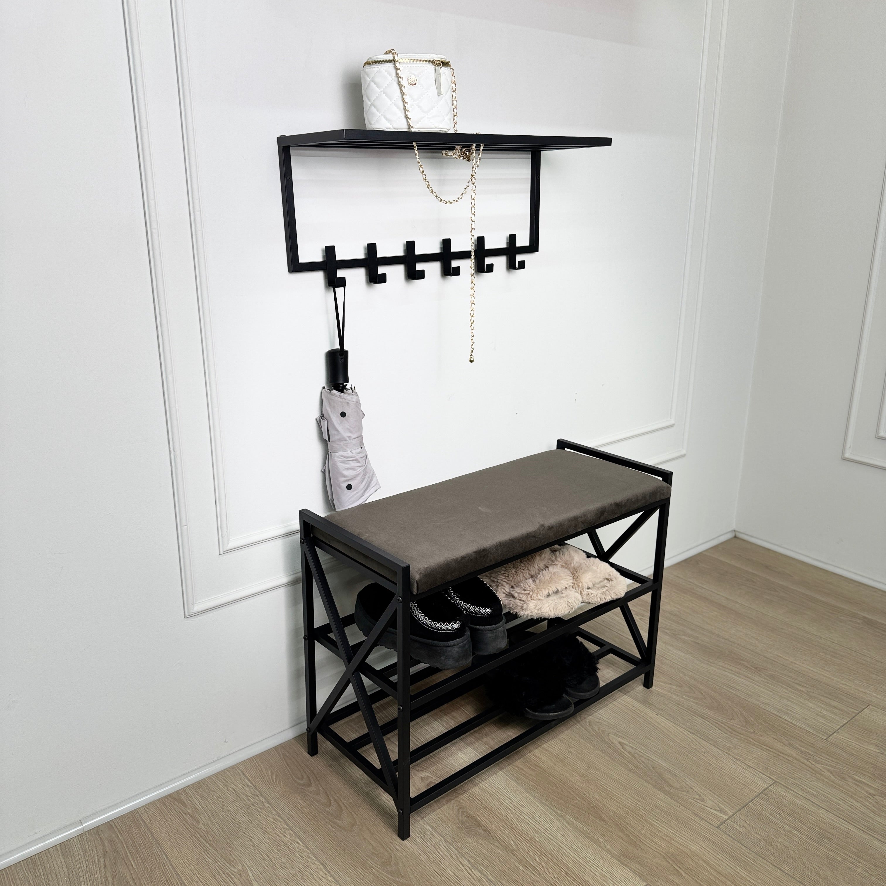 Loft Entryway Set – Upholstered Bench with 2-Tier Shoe Rack + Wall-Mounted Coat Rack | Industrial Hallway Furniture