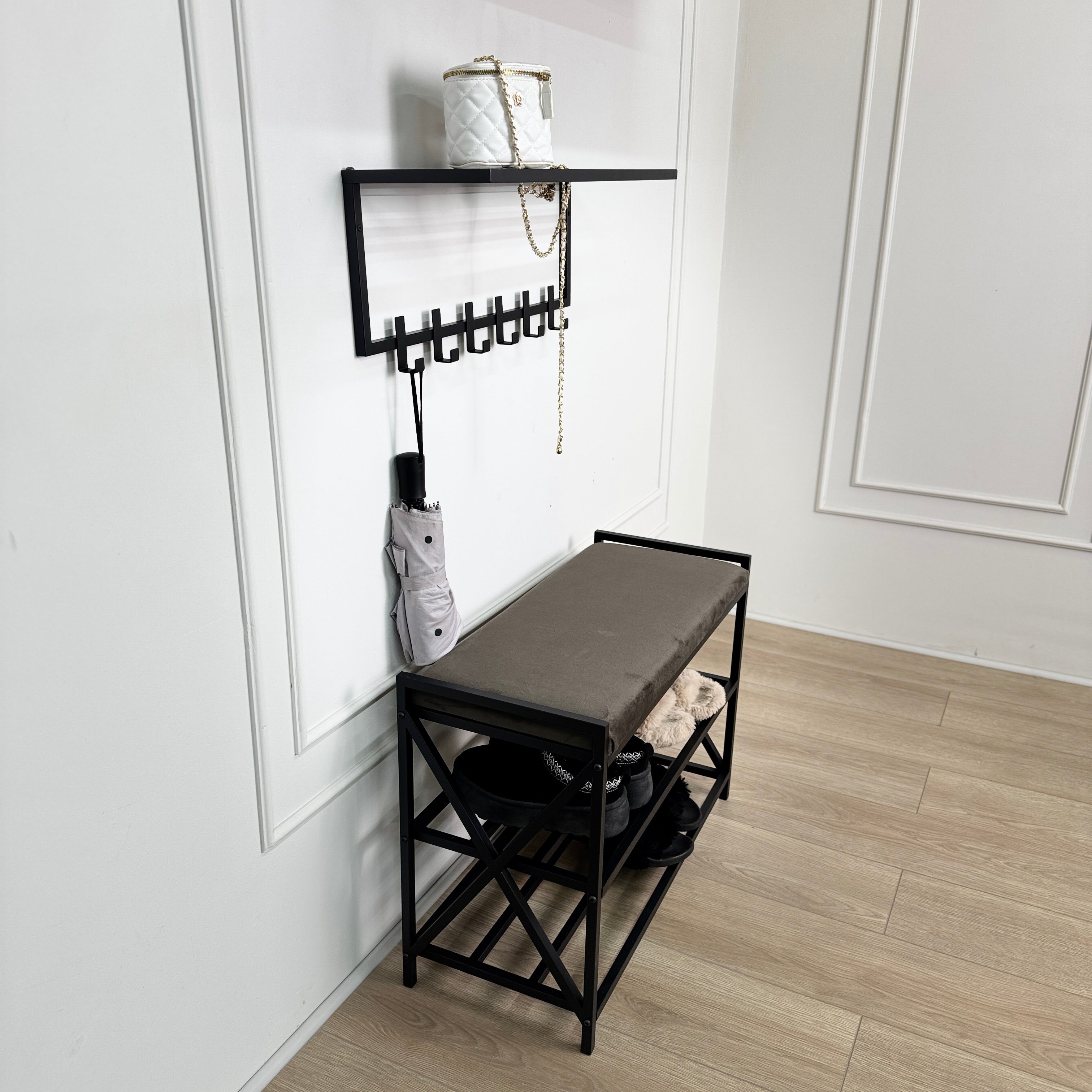 Loft Entryway Set – Upholstered Bench with 2-Tier Shoe Rack + Wall-Mounted Coat Rack | Industrial Hallway Furniture