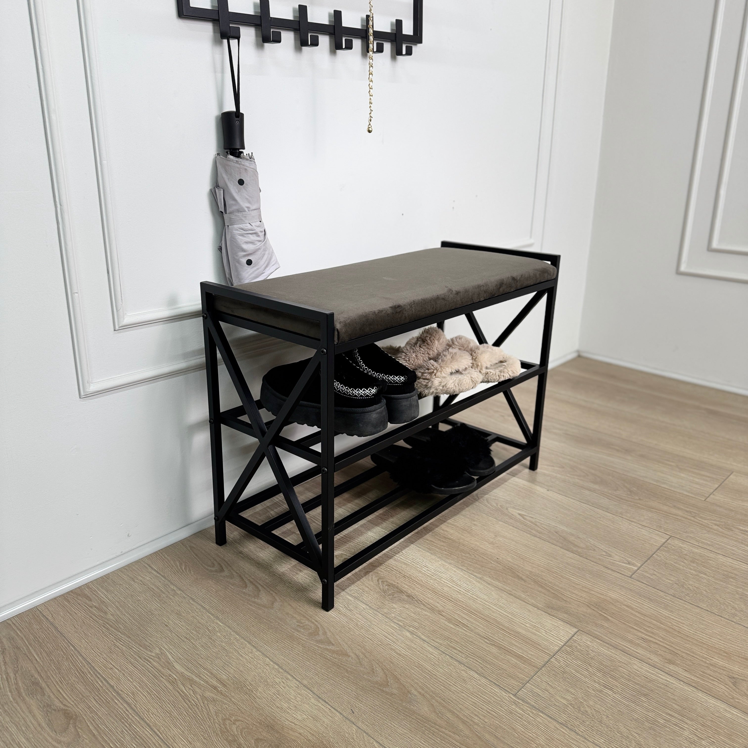 Loft Entryway Set – Upholstered Bench with 2-Tier Shoe Rack + Wall-Mounted Coat Rack | Industrial Hallway Furniture