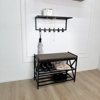 Loft Entryway Set – Upholstered Bench with 2-Tier Shoe Rack + Wall-Mounted Coat Rack | Industrial Hallway Furniture