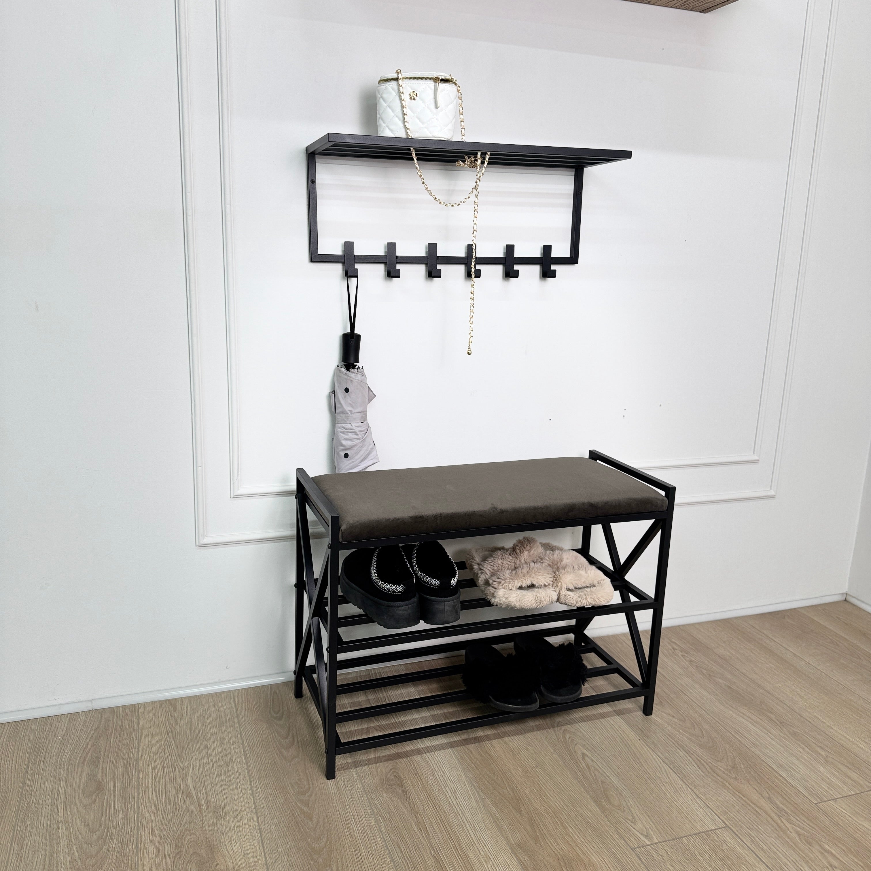 Loft Entryway Set – Upholstered Bench with 2-Tier Shoe Rack + Wall-Mounted Coat Rack | Industrial Hallway Furniture