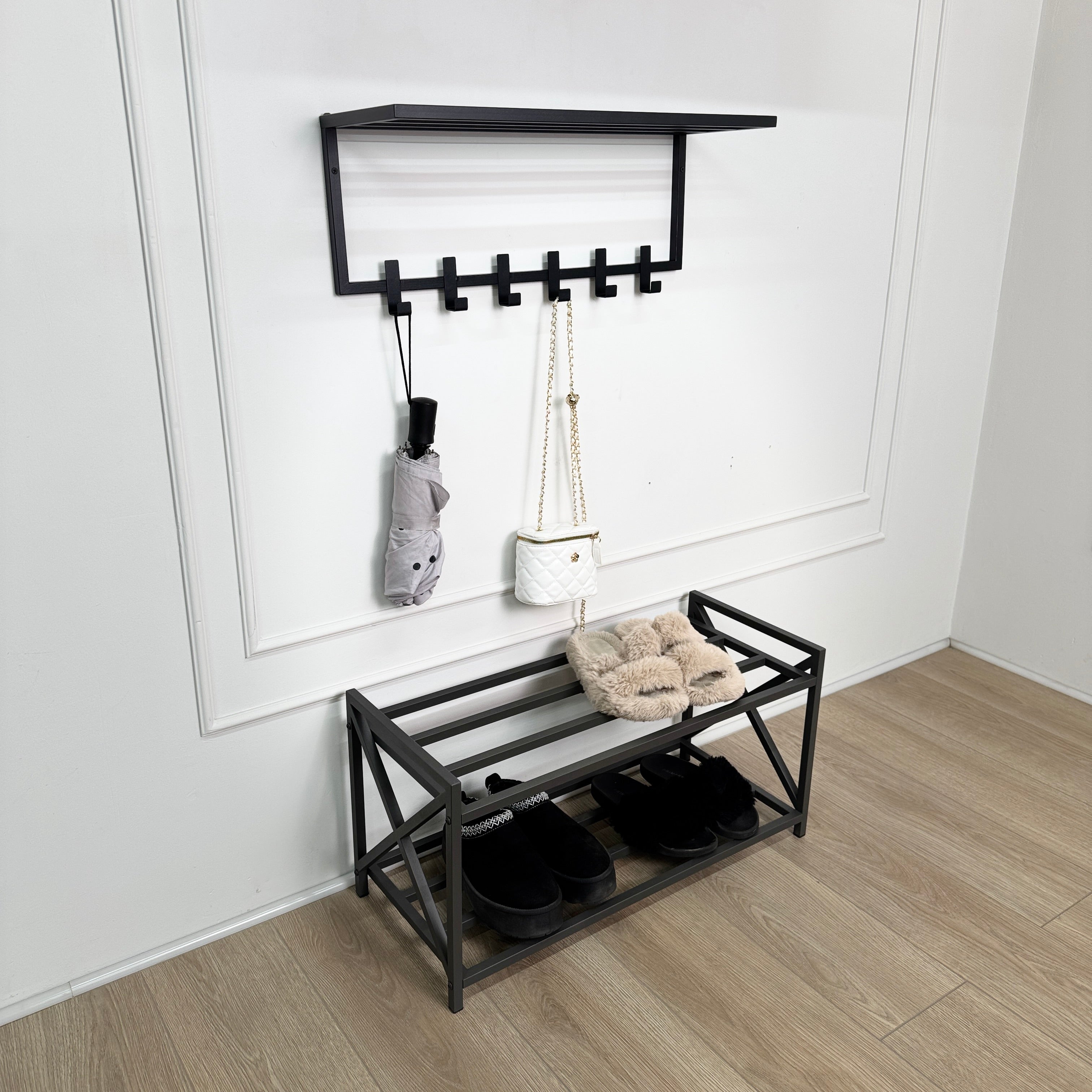Loft Entryway Set – 2-Tier Metal Shoe Rack and Wall-Mounted Coat Rack