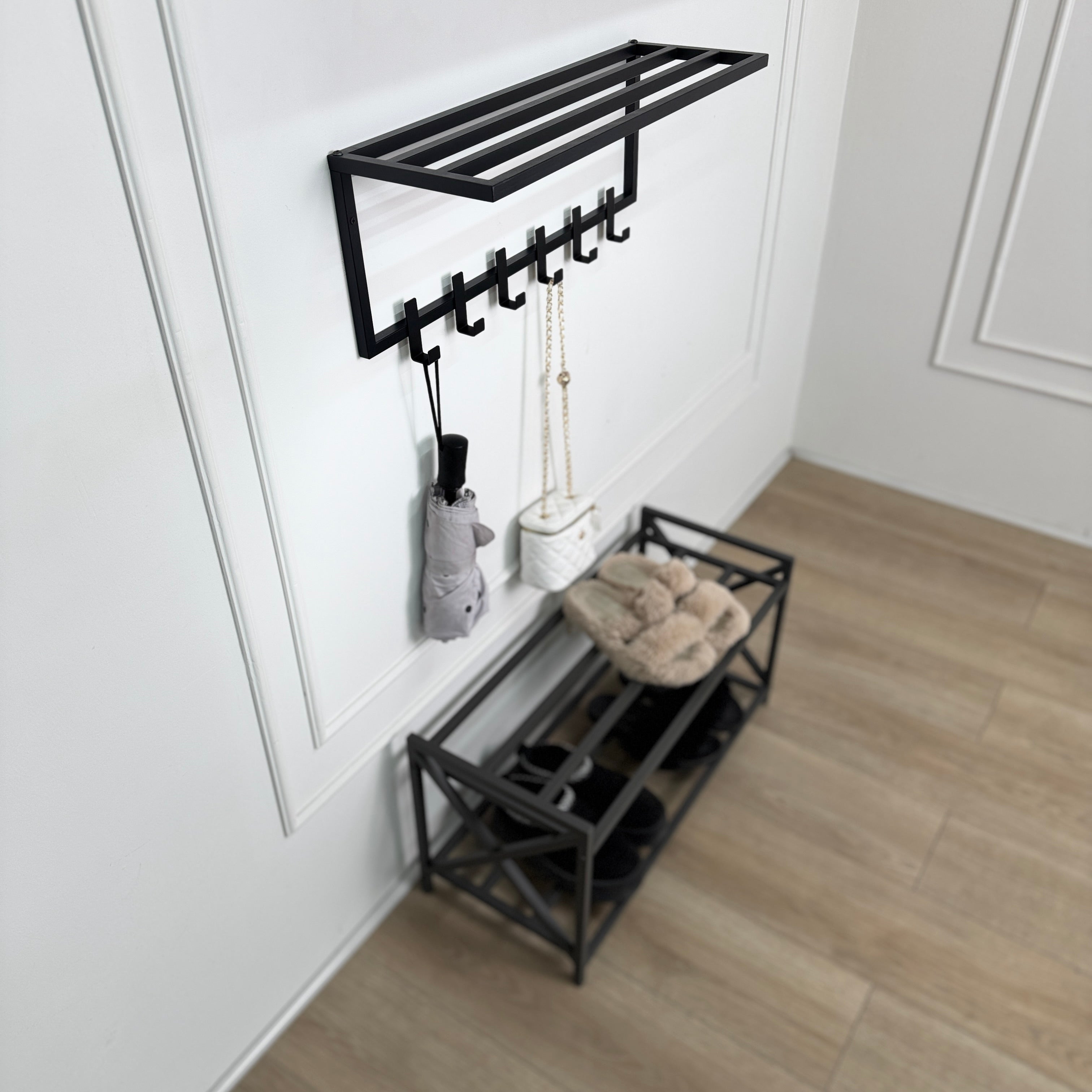 Loft Entryway Set – 2-Tier Metal Shoe Rack and Wall-Mounted Coat Rack