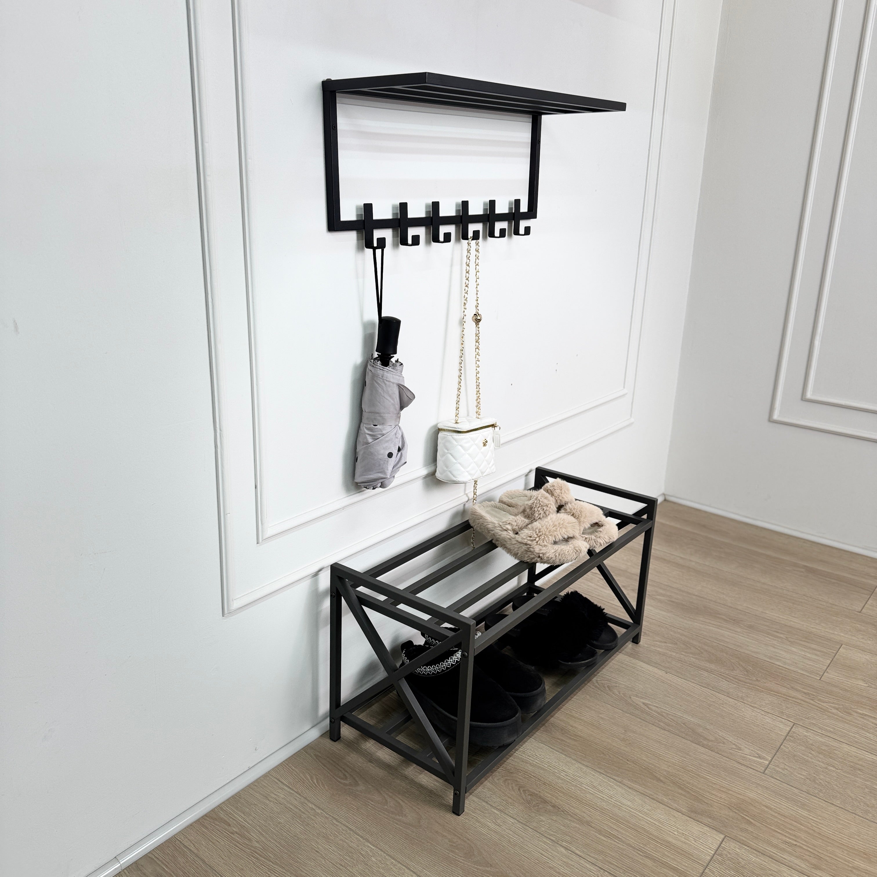 Loft Entryway Set – 2-Tier Metal Shoe Rack and Wall-Mounted Coat Rack