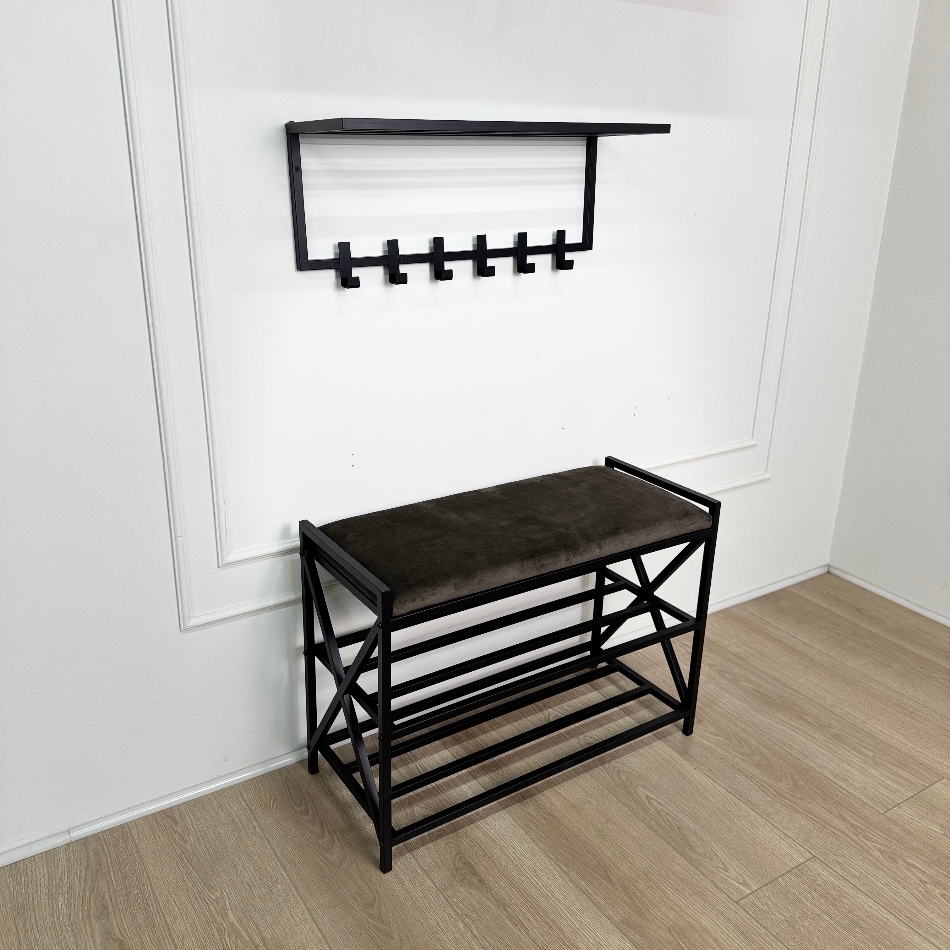 Loft Entryway Set – Upholstered Bench with 2-Tier Shoe Rack + Wall-Mounted Coat Rack | Industrial Hallway Furniture
