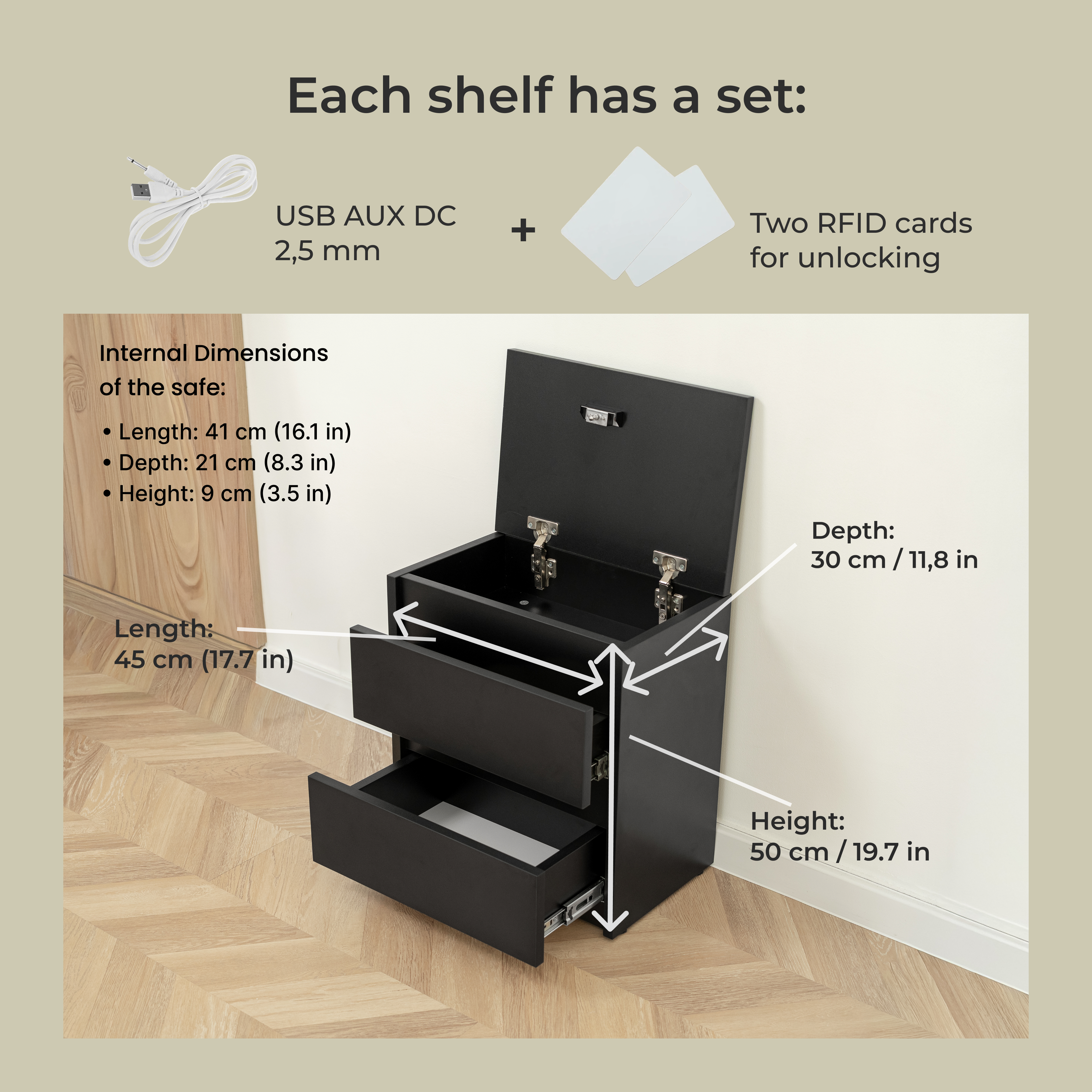 Bedside table with Locked Hidden Storage - Black