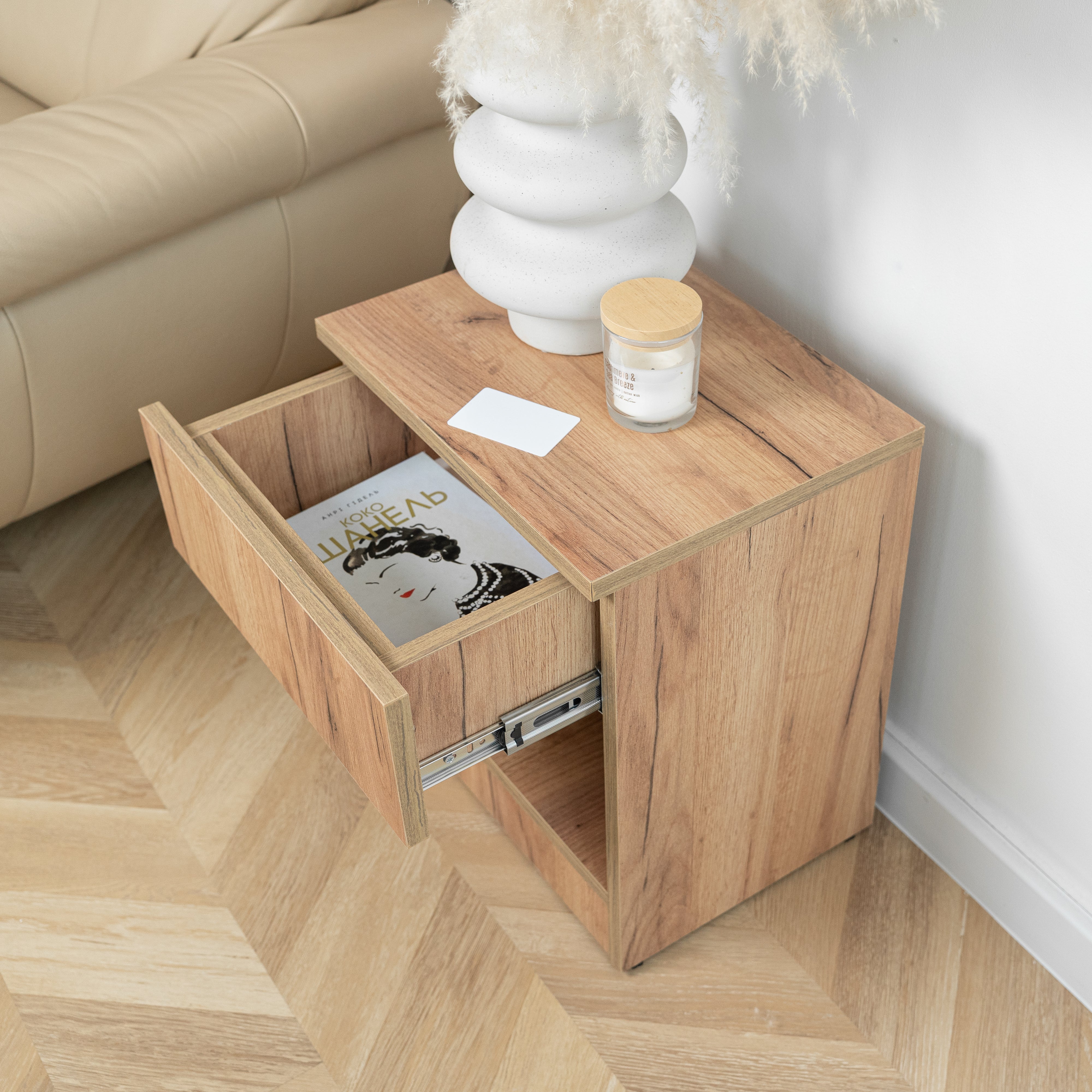 Modern Nightstand with Locked Hidden Storage - Golden Craft Oak