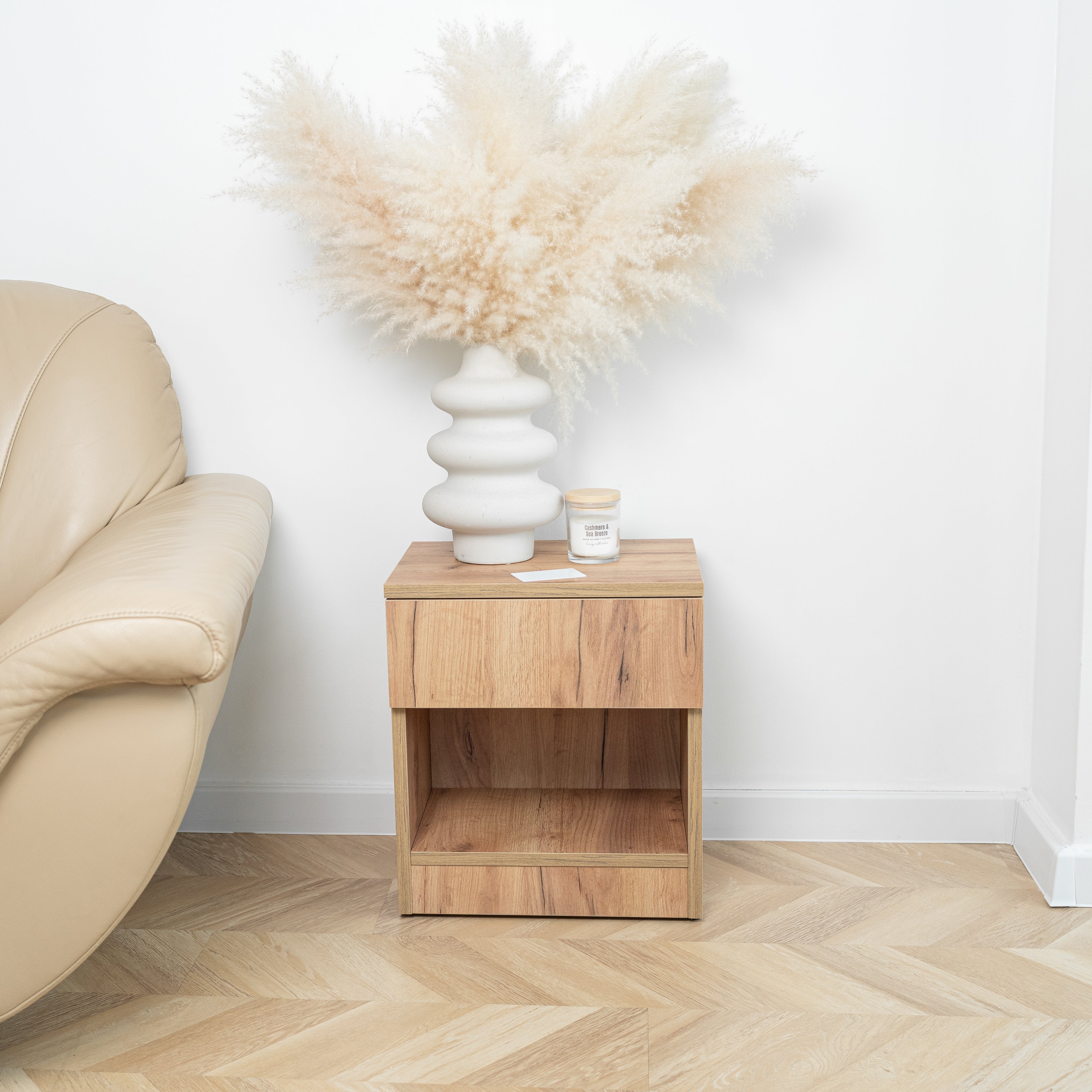 Modern Nightstand with Locked Hidden Storage - Golden Craft Oak