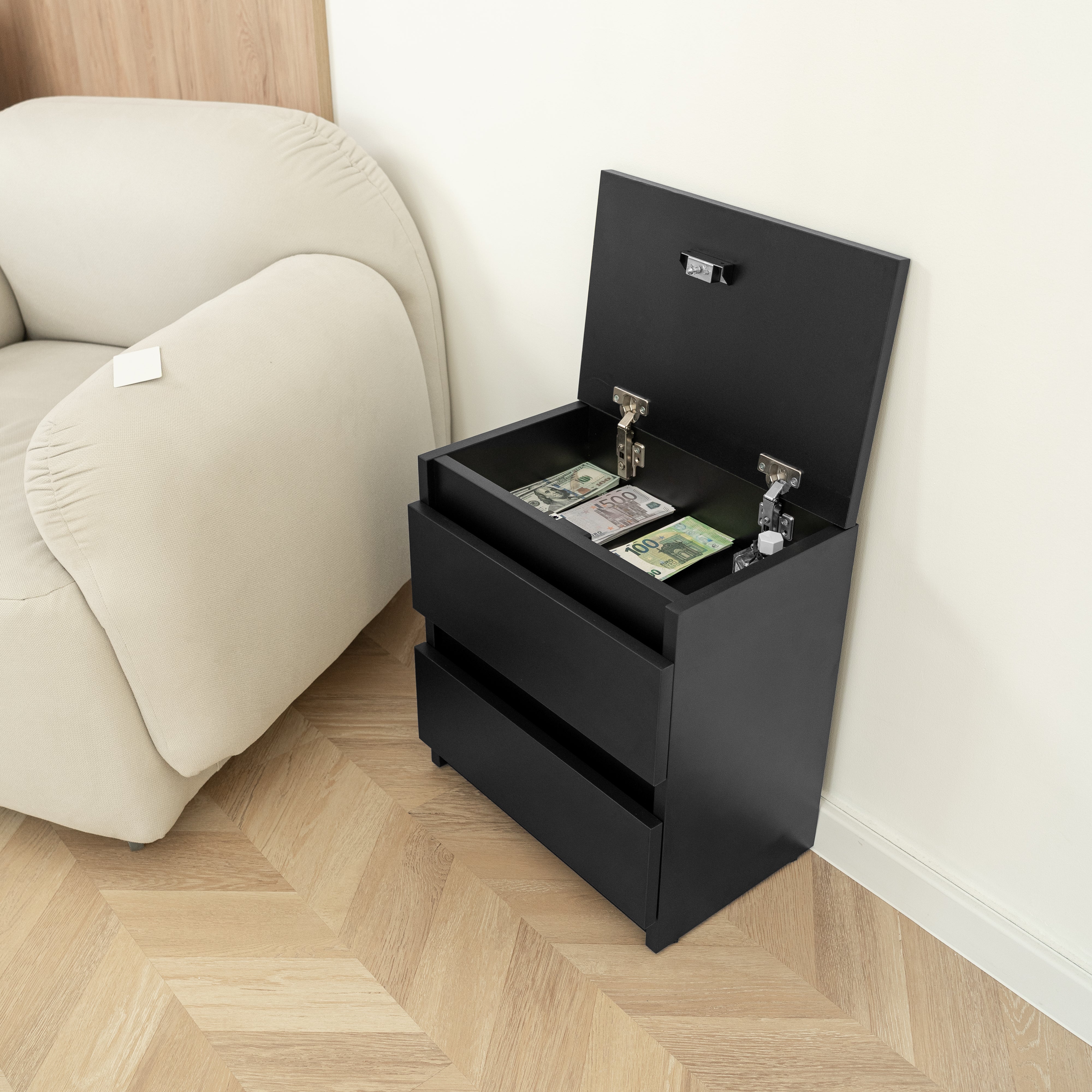 Bedside table with Locked Hidden Storage - Black