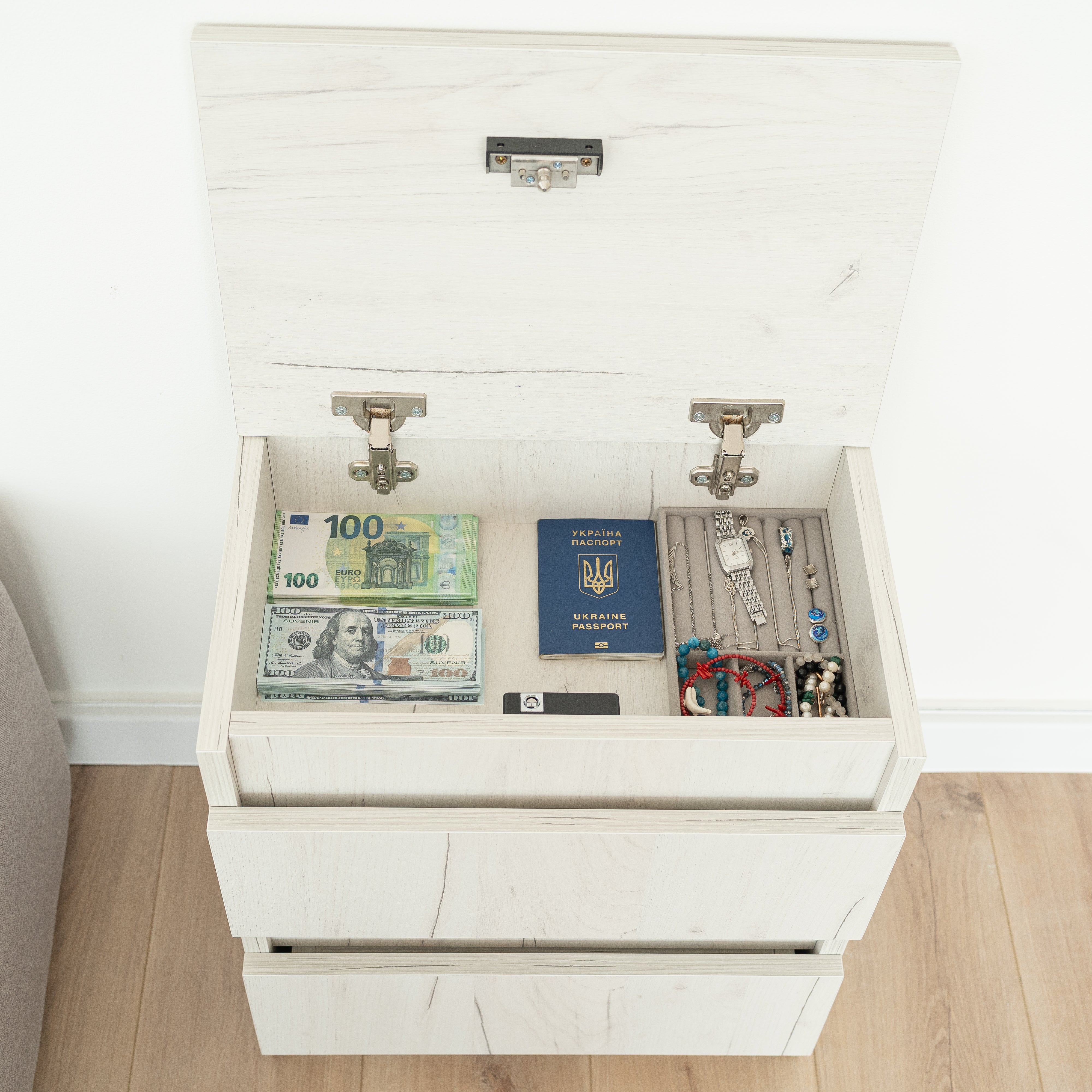 Bedside table with Locked Hidden Storage - Oak Craft White