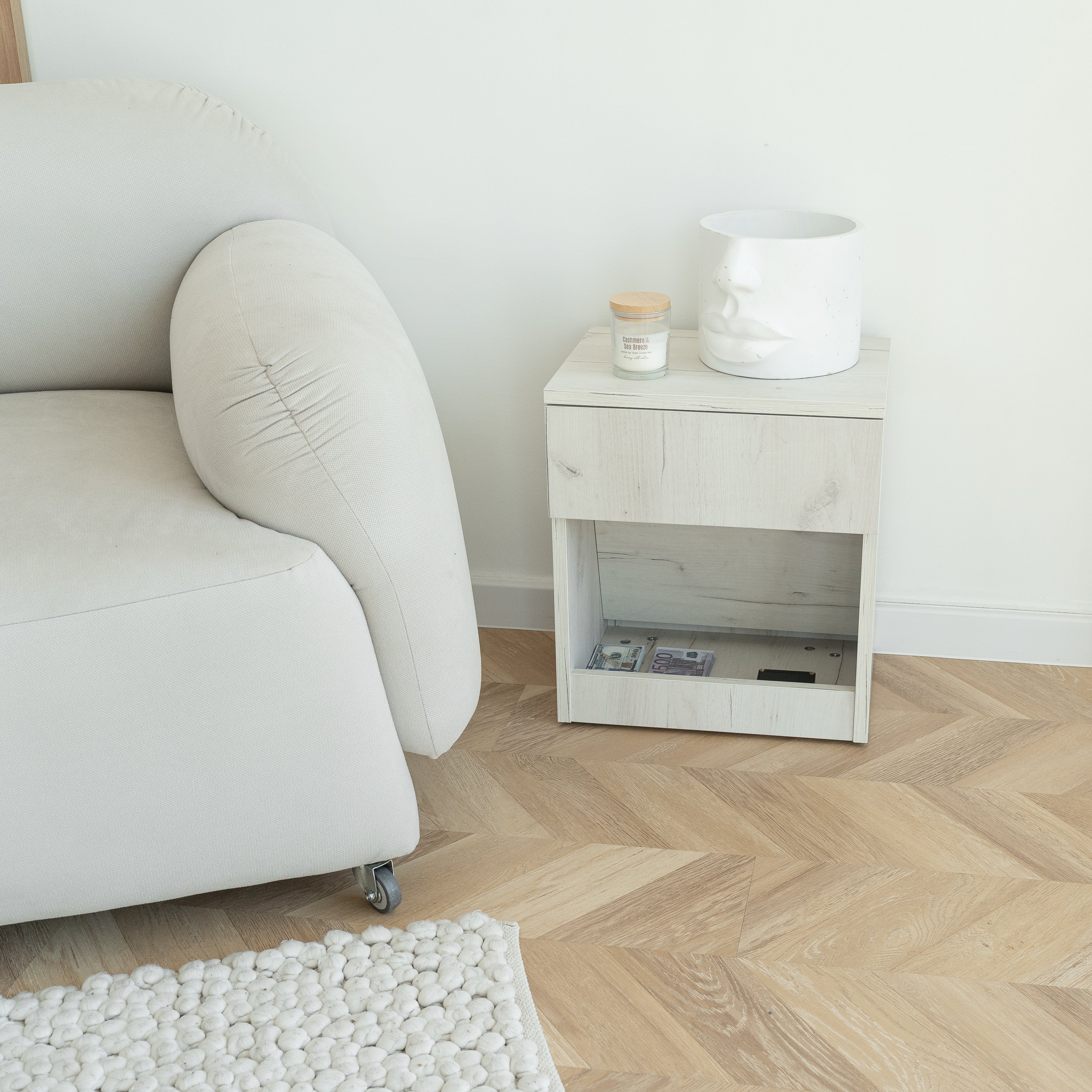 Modern Nightstand with Locked Hidden Storage - Oak Craft White