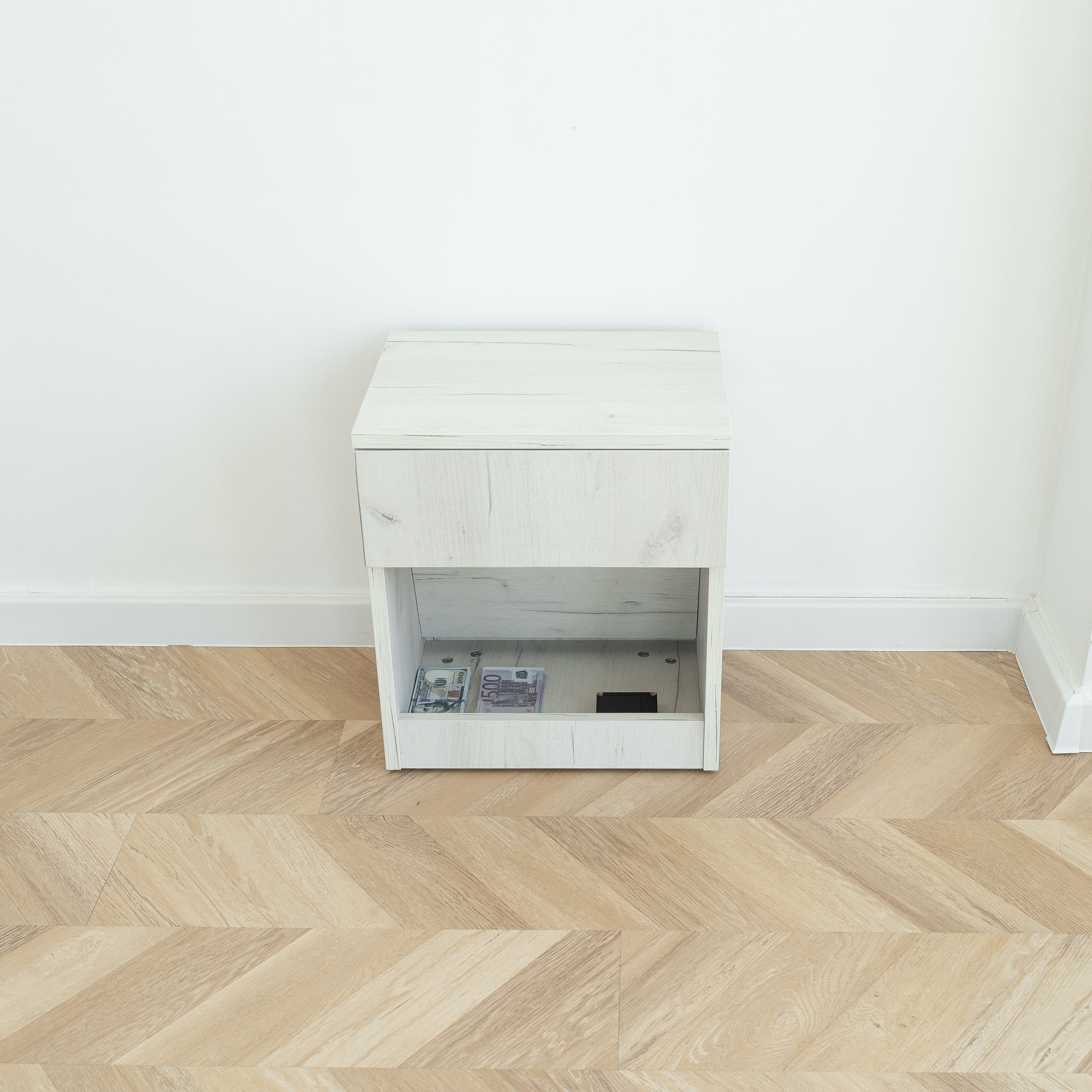 Modern Nightstand with Locked Hidden Storage - Oak Craft White