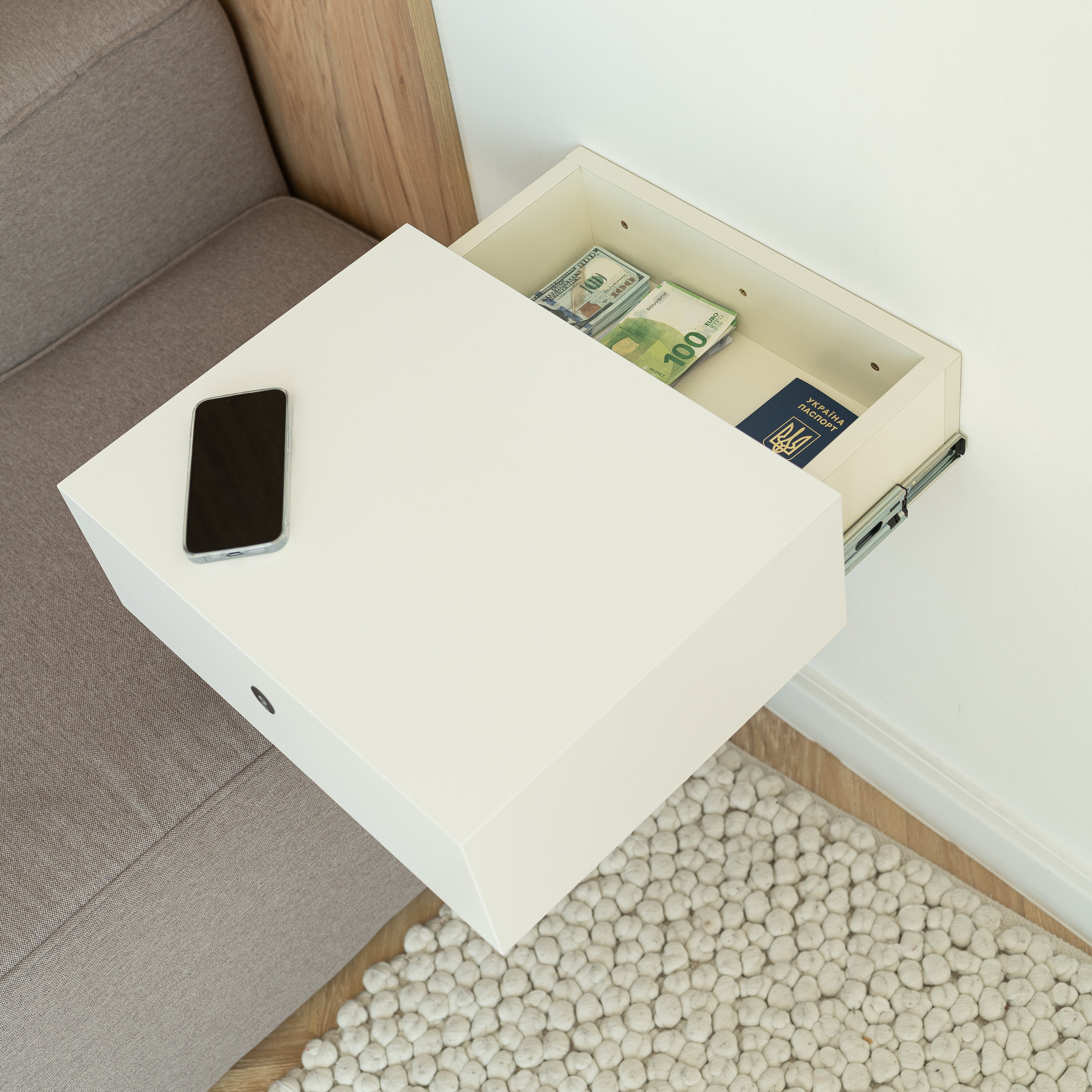 Wall-Mounted nightstand with hidden safe