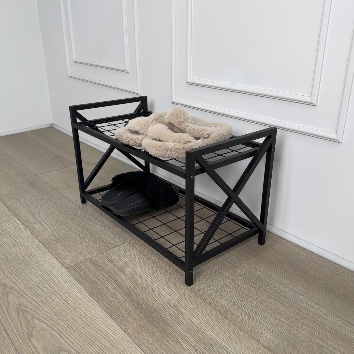 Unassembled Metal Shoe Rack Loft with a grid
